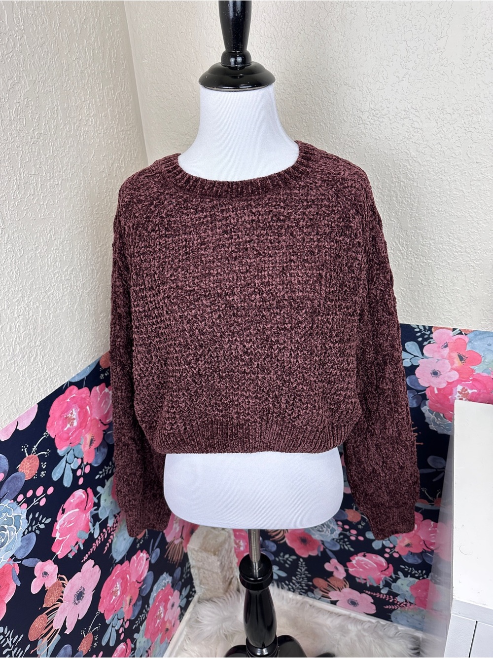Altard State Robyn Chenille Marled Chestnut Cropped Crewneck Sweater Size Small